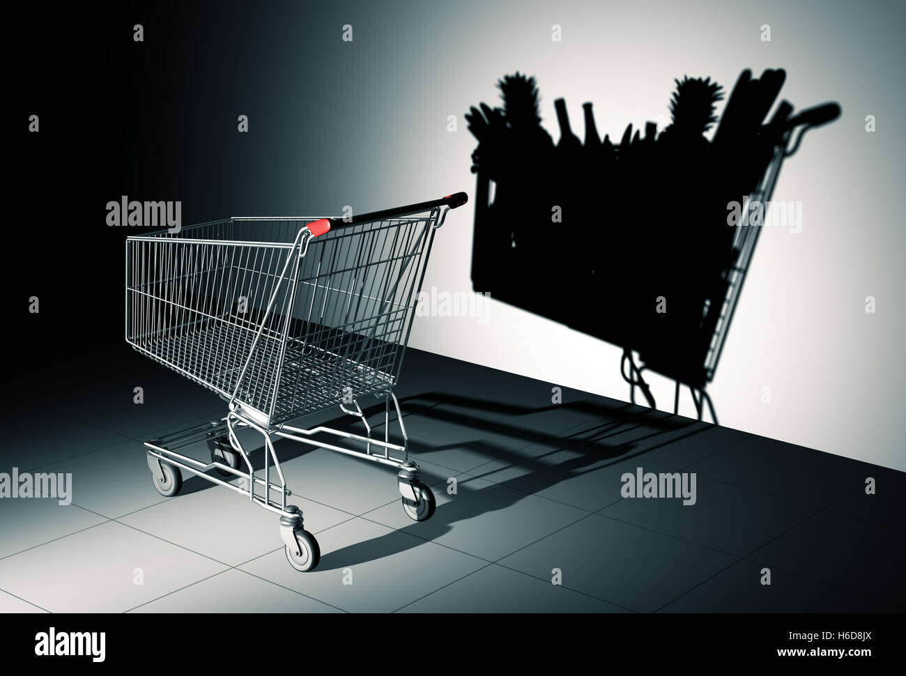 Empty Shopping Cart Cast Shadow On The Wall As Shopping Cart Full Of Food. 3D Illustration. Stock Photo