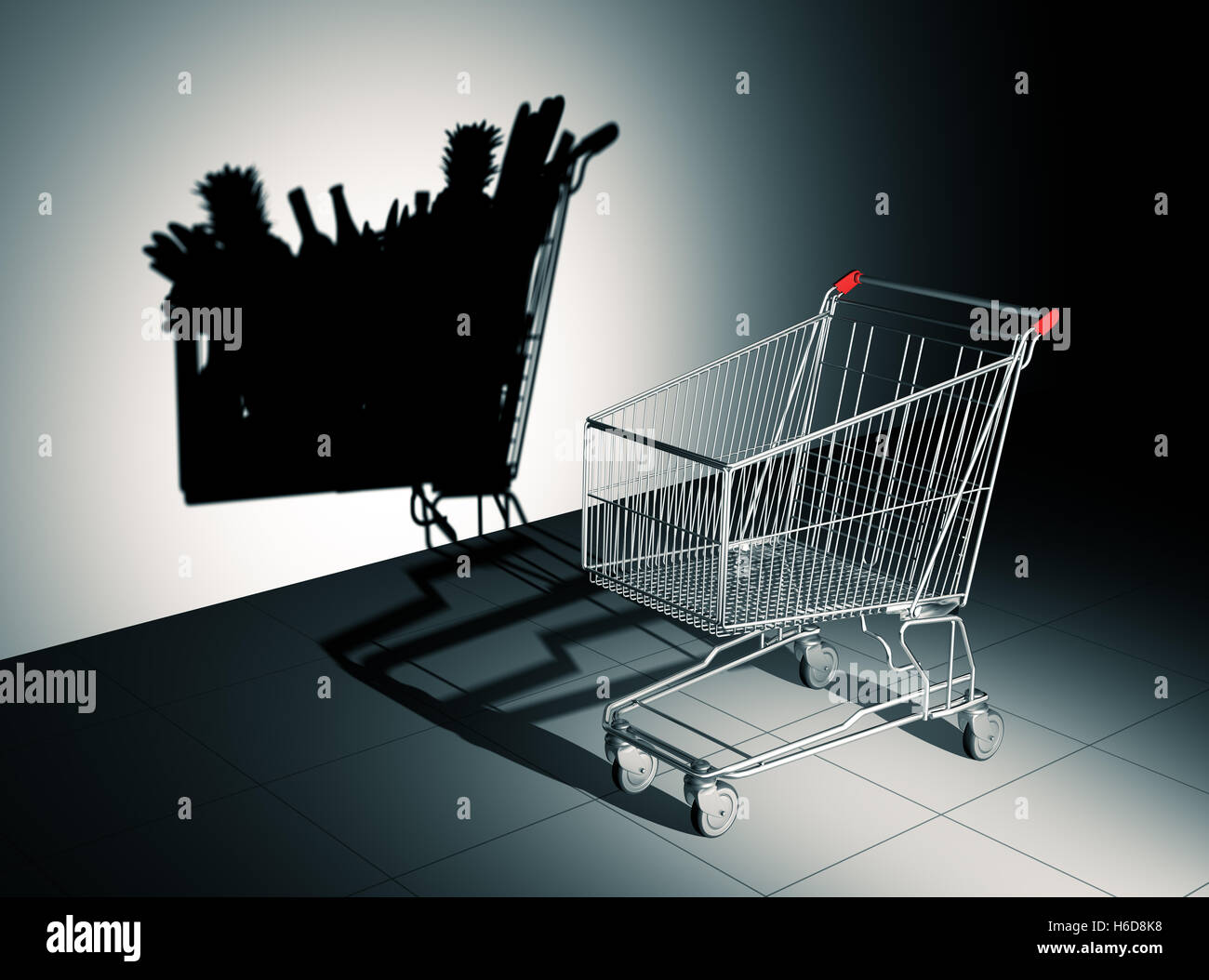 Empty Shopping Cart Cast Shadow On The Wall As Full Shopping Cart. 3D Illustration. Stock Photo