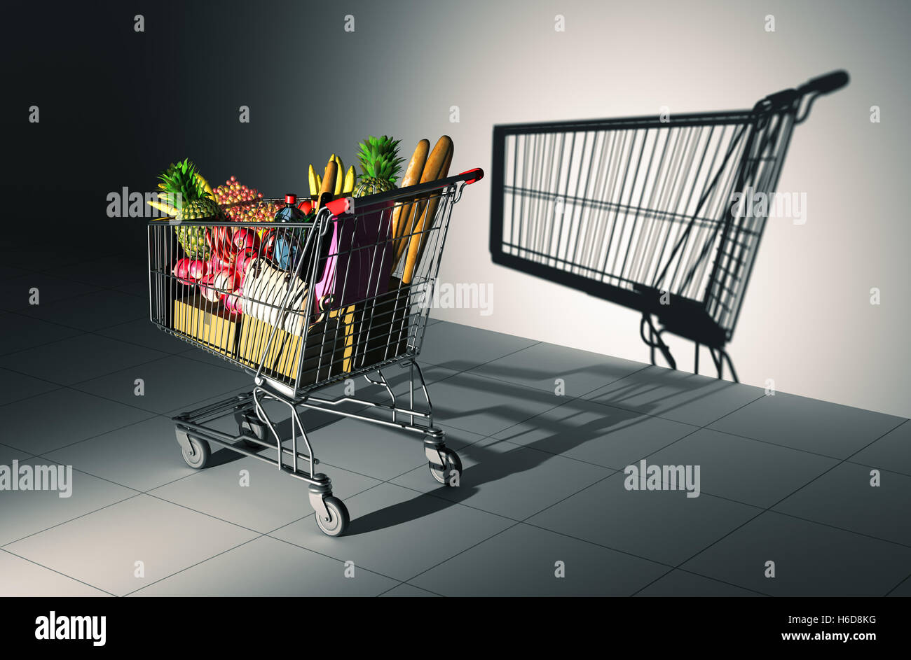 Full Shopping Cart Cast Shadow On The Wall As Empty Shopping Cart. 3D Illustration. Stock Photo