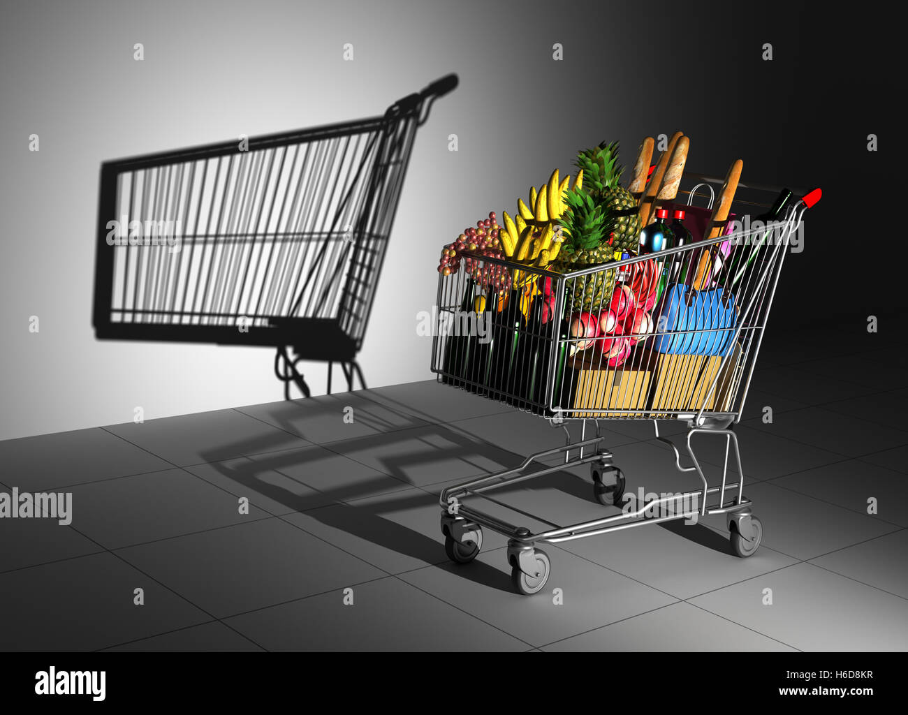 Shopping Cart Full Of Food Cast Shadow On The Wall As Empty Shopping Cart. 3D Illustration. Stock Photo
