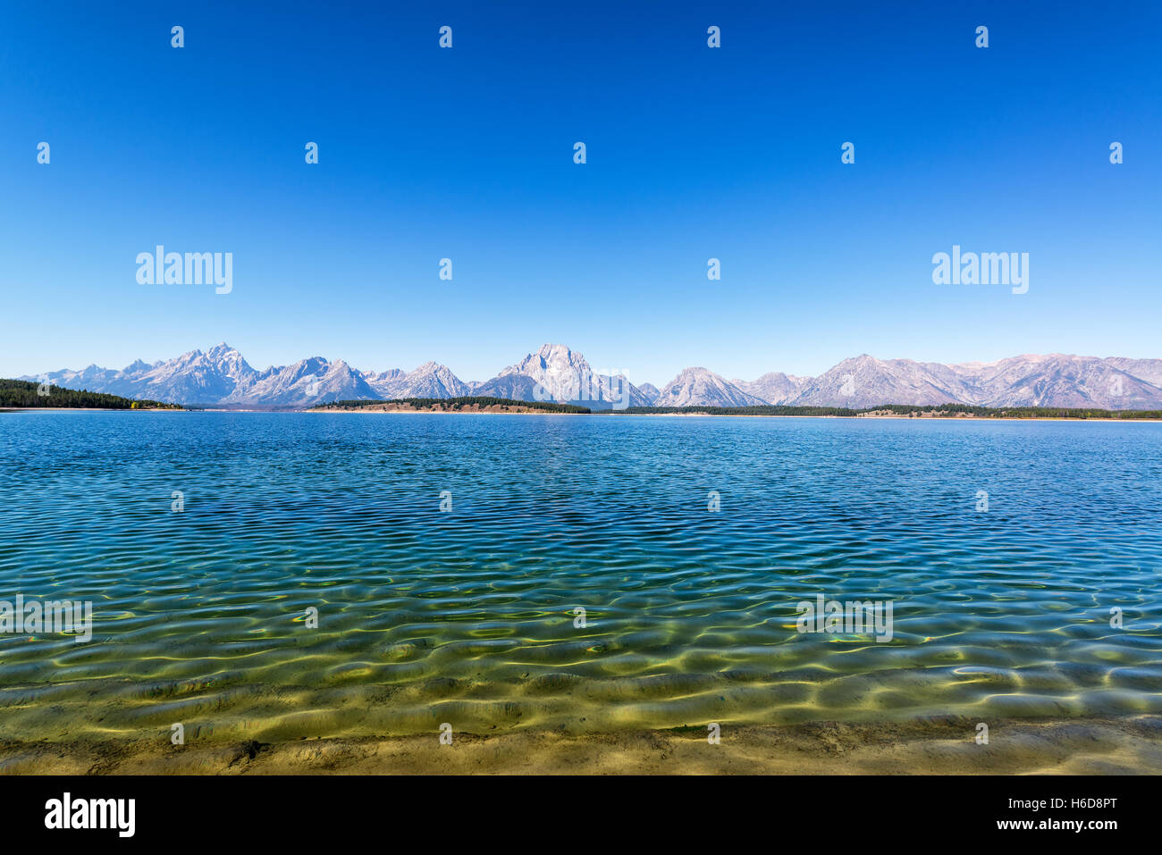 View from the shore of Jackson Lake with the Teton Range in the background in Grand Teton National Park Stock Photo