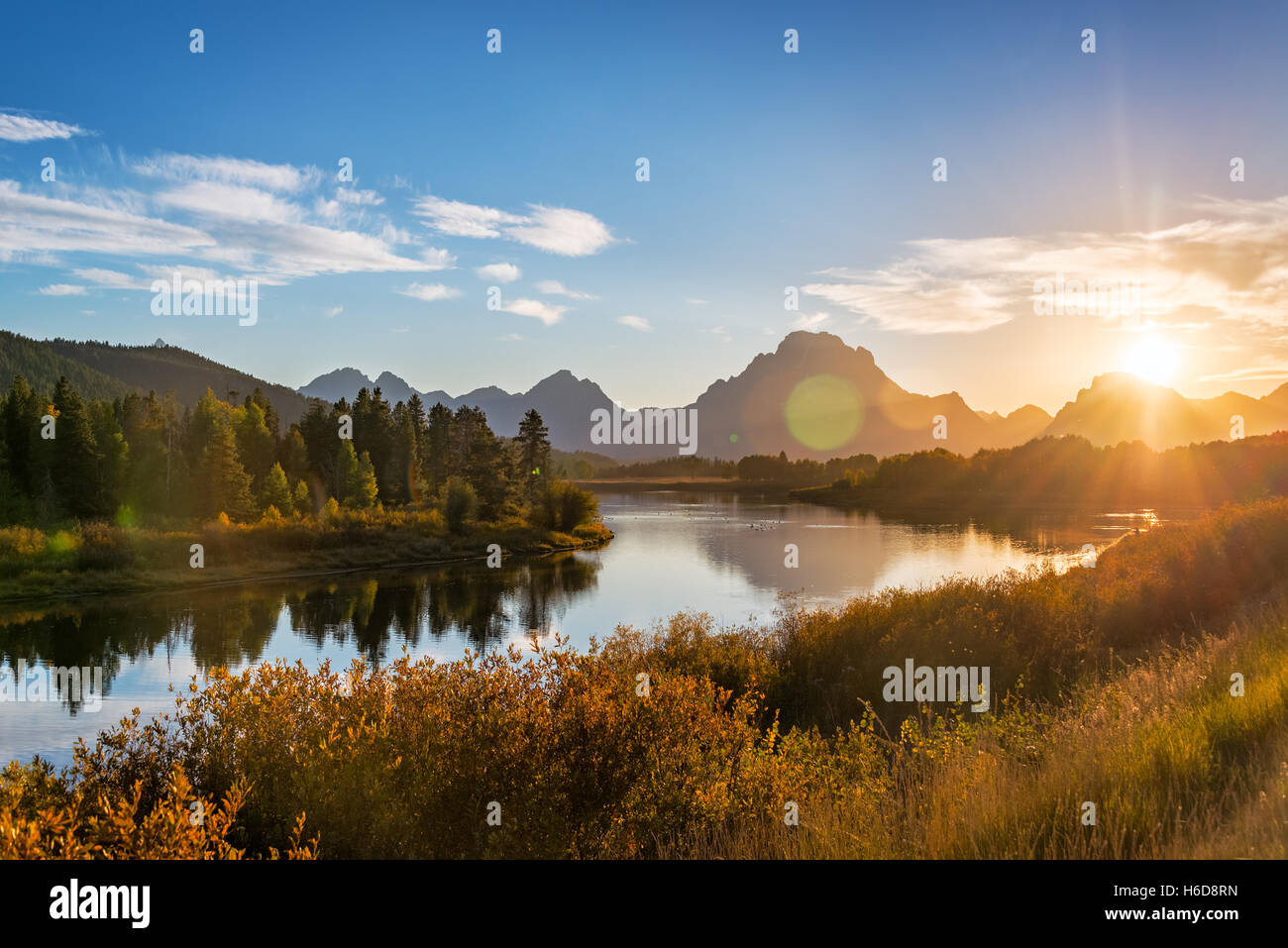 View of Snake River and Teton Range at sunset in Grand Teton National Park in Wyoming Stock Photo