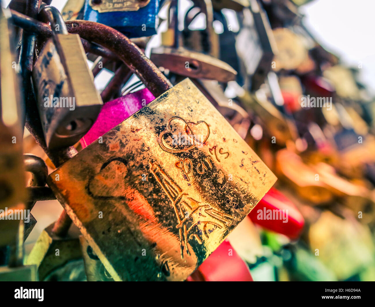 Paris lock Fridge with Eiffel tower and hearts Stock Photo