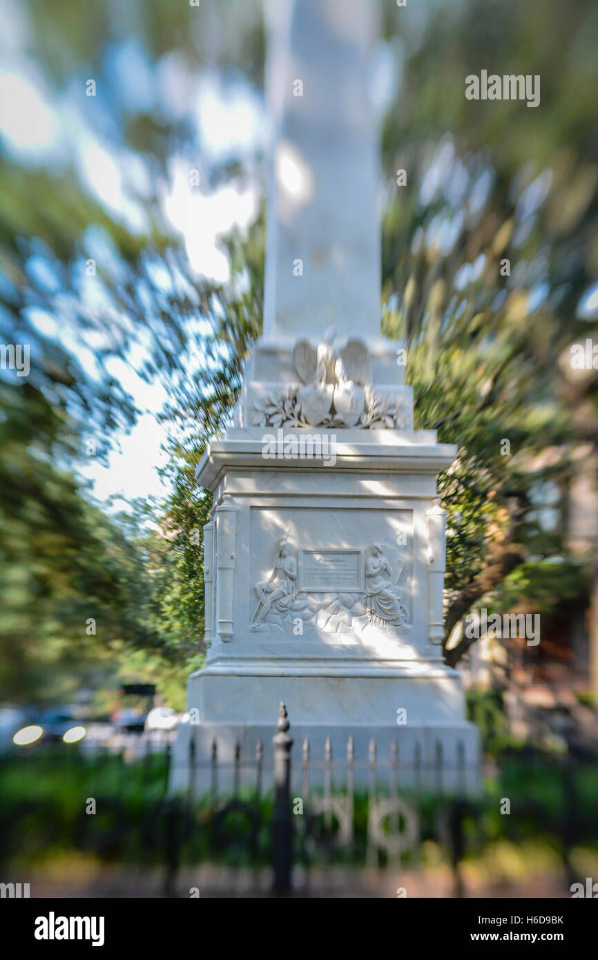 A select focus detail of the Casimir Pulaski Monument, Polish hero of the American Revolution, in Monterey Square, Savannah, GA Stock Photo