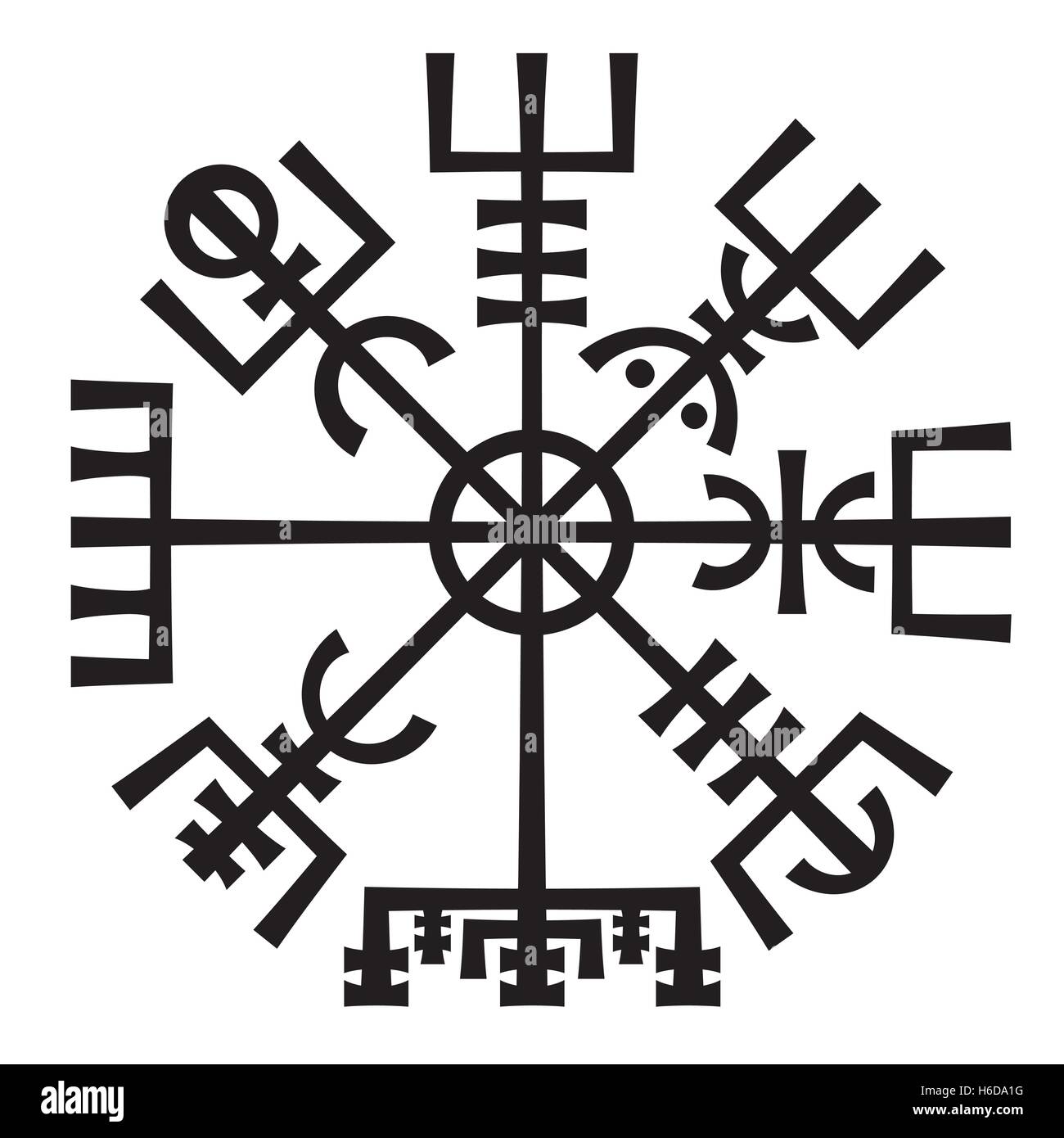 «Vegvisir». The Magic Navigation Compass of Vikings. Runescript from Medieval Manuscript Book. Talisman for road and good voyage Stock Vector