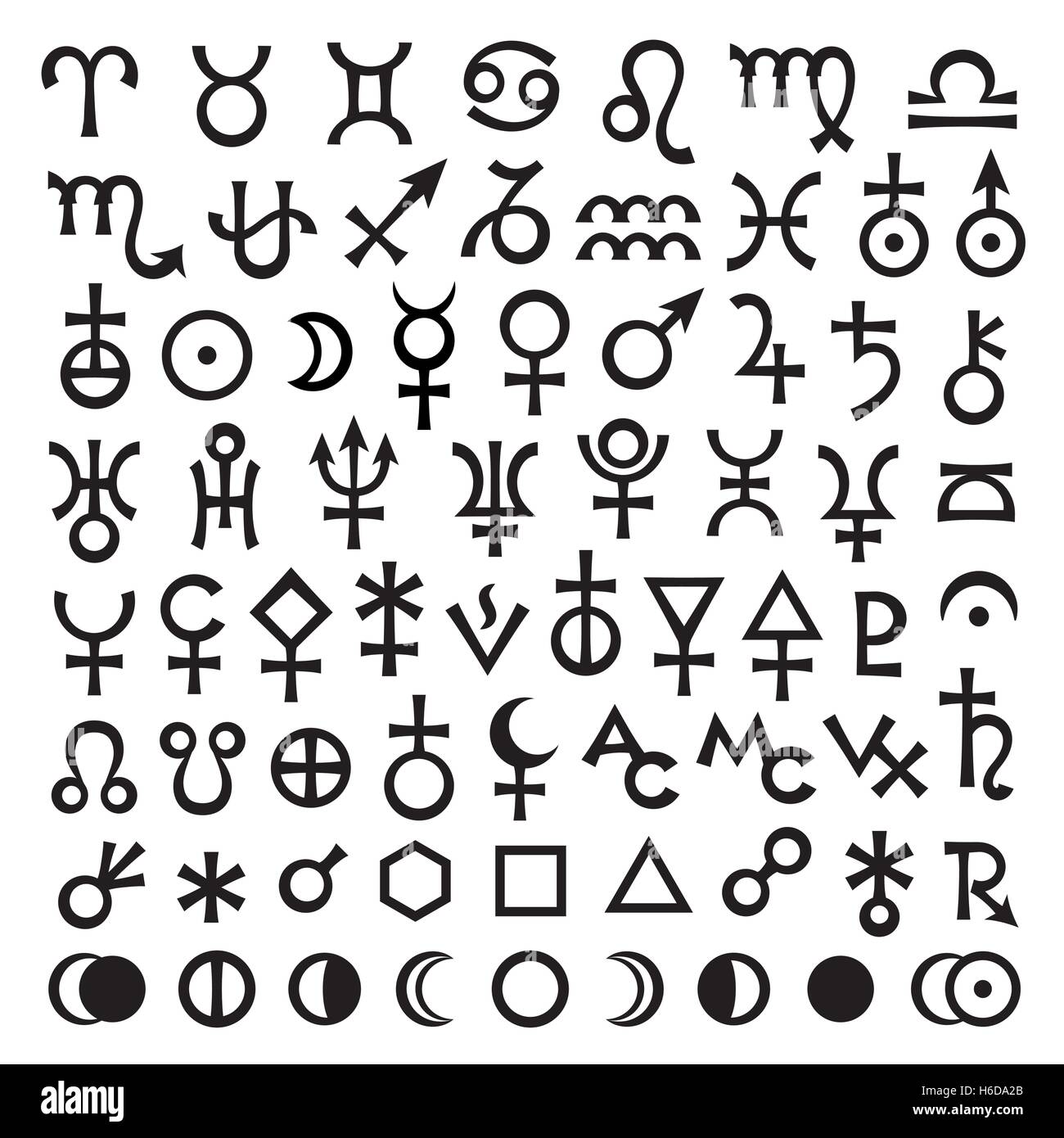 Astrological Signs of Zodiac, Planets, Asteroids, Aspects, Lunar phases, etc. (The Big Set of Main Astrological Symbols) v. 2 Stock Vector