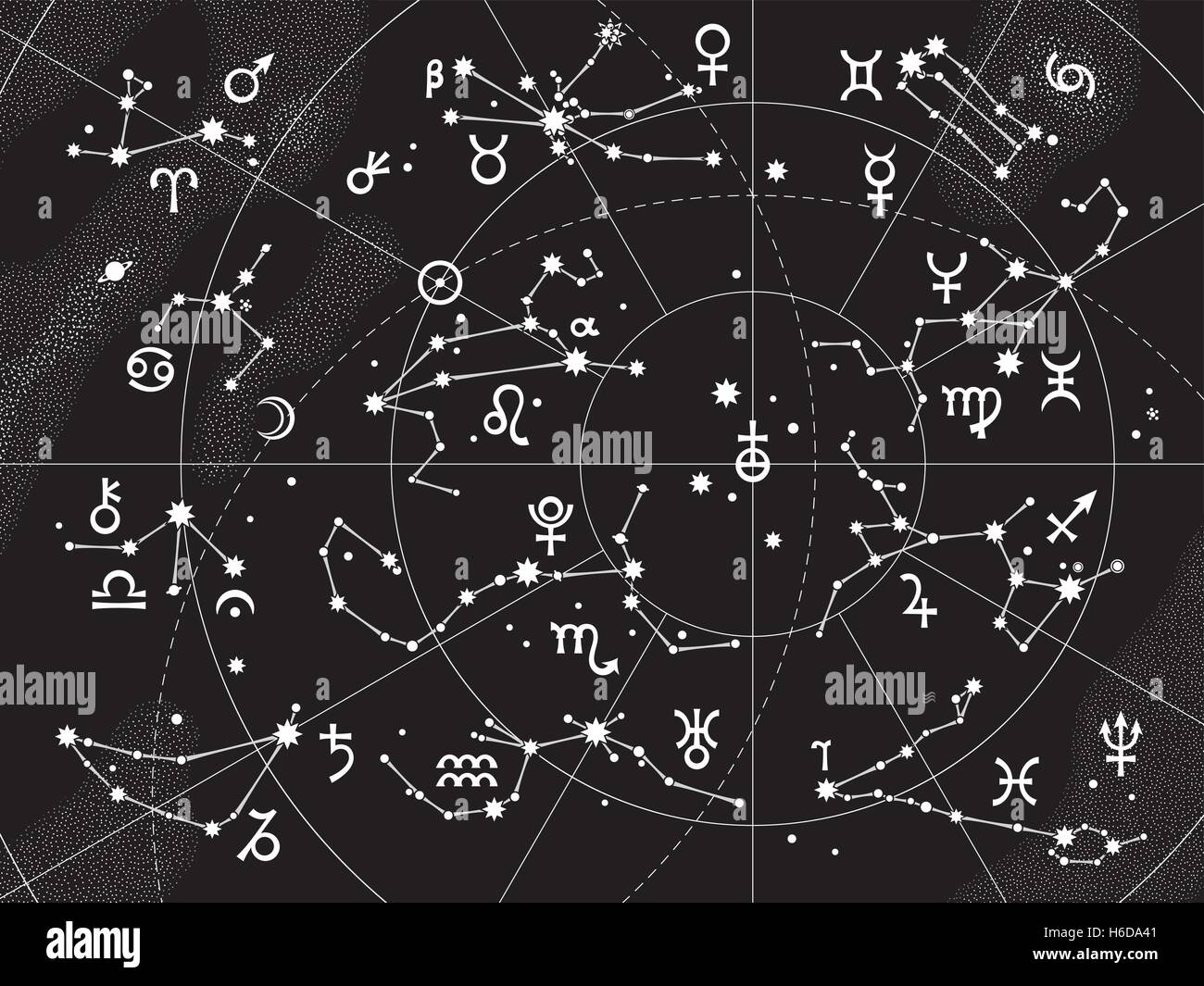 XII Constellations of Zodiac and Its Planets the Sovereigns. Astrological Celestial Chart. Stock Vector