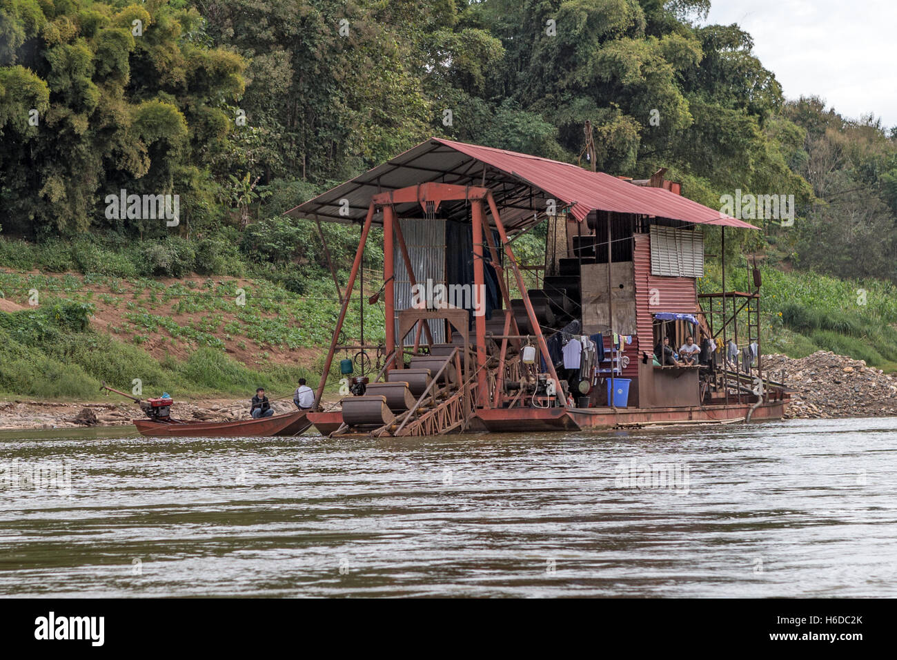 Gold mining, extraction boat, Nam Ou river, Oudomxay province, Laos Stock Photo