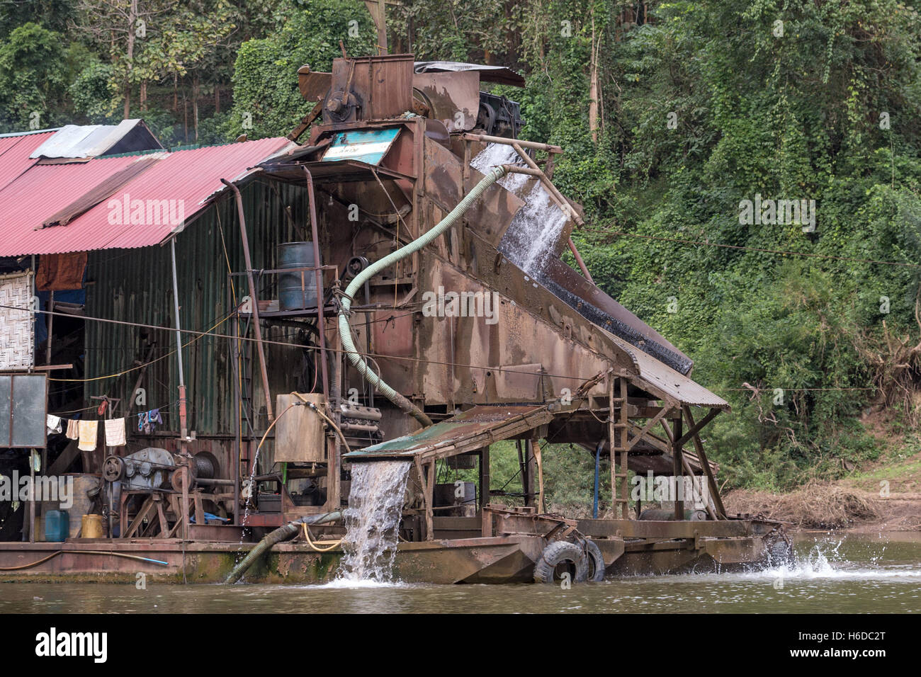 Gold mining, extraction boat, Nam Ou river, Oudomxay province, Laos Stock Photo