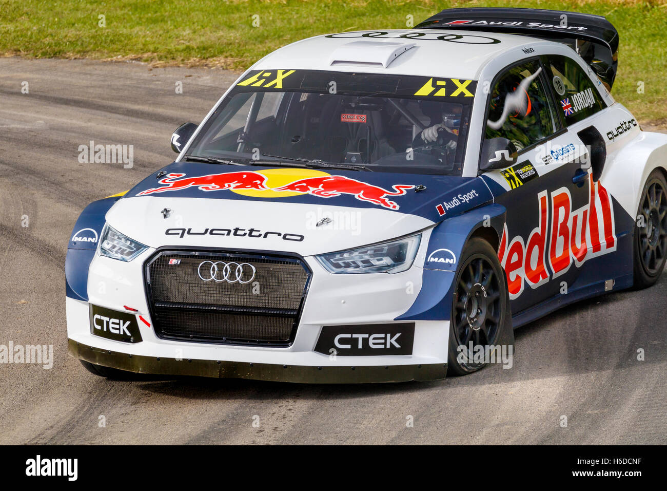 2016 Audi S1 EKS RX rallycross car with driver Andrew Jordan at the 2016 Goodwood Festival of Speed, Sussex, UK Stock Photo