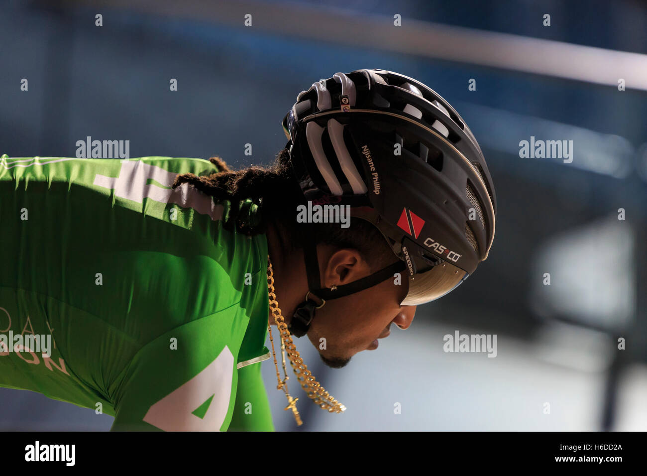 Lee Valley VeloPark, London, UK, 26 October 2016. Second day of Six Day London. Sprinter Njisane Phillip (Trinidad & Tobago) during a track stand in the Sprint event on day two of the six day cycling competition centred around the Madison. This will be the last event that Wiggins competes in in the UK. Stock Photo