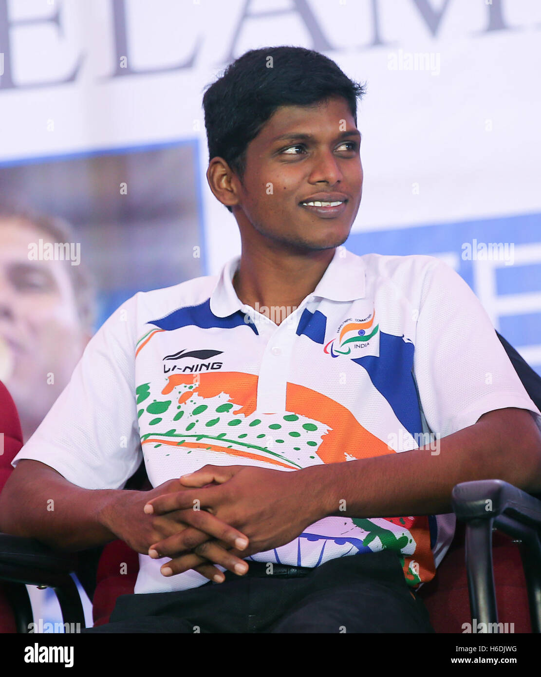 Chennai, India, October, 27,2016. Velammal Vidyalaya a private school felicitated  the Rio Para Olympic  Medalist viz. Mariappan Thangavelu,  (Gold Medalist - High Jump) Devendra Jhajharia ( Gold Medalist in Javelin Throw) Ms.Deepa Malik - Silver Medalist in Shortput & Varun singh Bhati - Bronze Medalist in High Jump. While. Mariappan was presented with a Renault Car other medalists were given 5 Lac Rupees  ( equivalent to $6900 ) worth of Gold Coins)  Maraiappan Thangavelu the Gold Medal Winner in High Jump looks on during the felicitation function in chennai on 27th Oct 2016 © SUKUMAR S/Alam Stock Photo