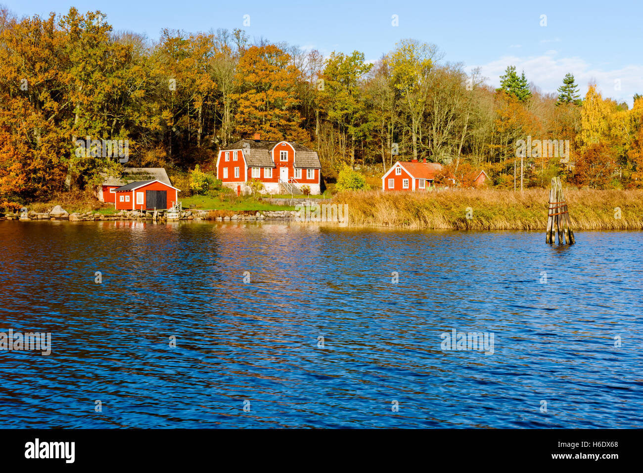 Jarnavik, Sweden - October 25, 2016: Environmental documentary of coastal living. Red wooden home in colorful fall landscape on Stock Photo