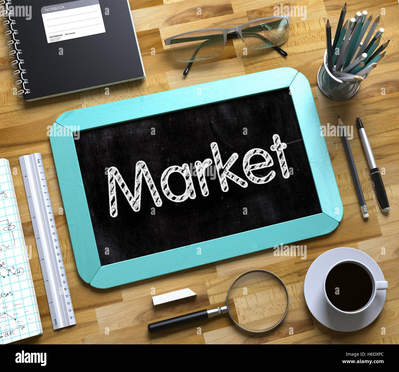 Small Chalkboard with Market. 3D. Stock Photo