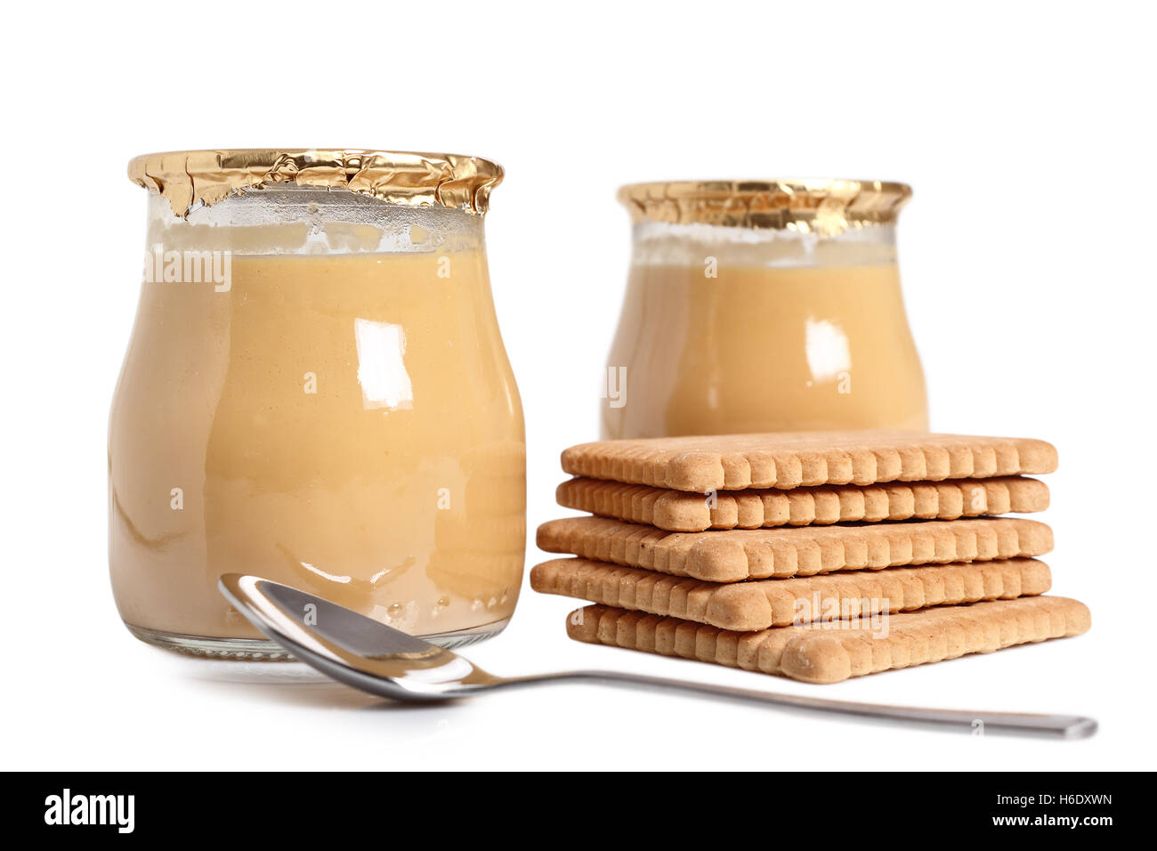 Milk pudding in bottles and cookies. Isolated with clipping path Stock