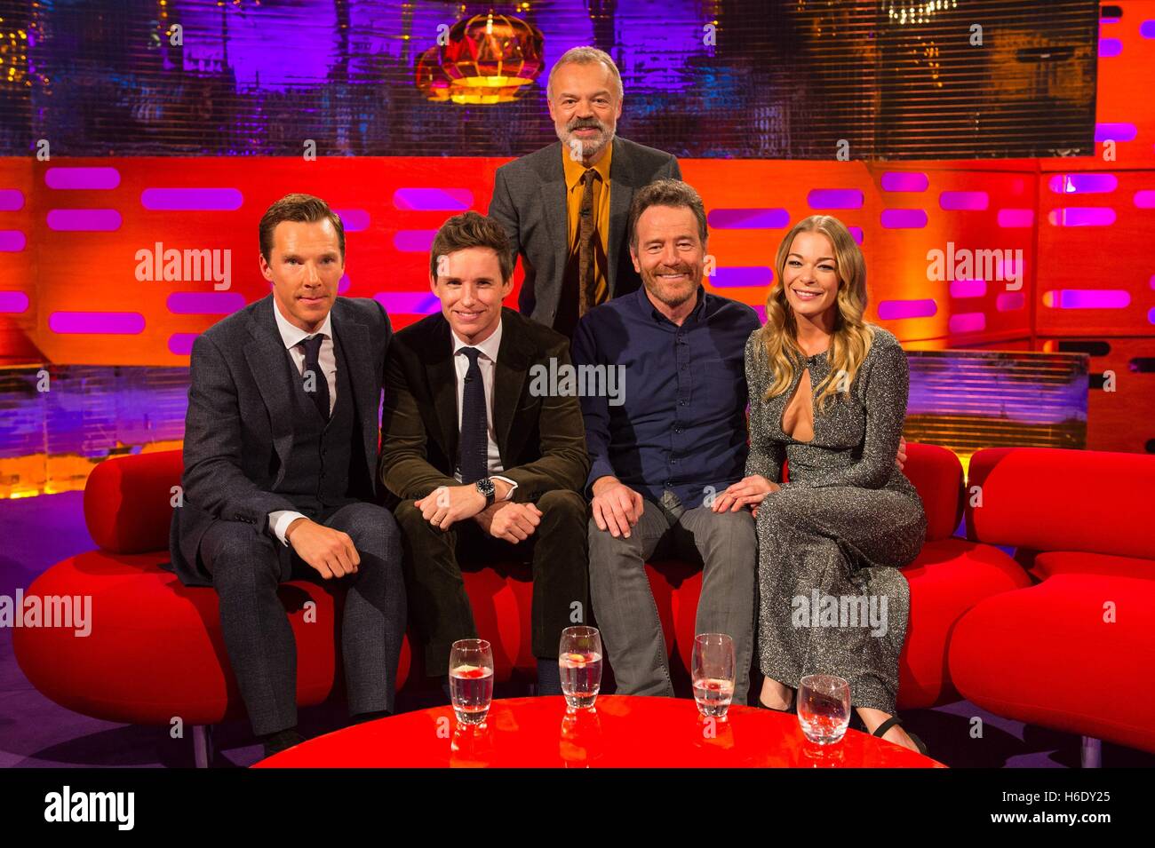 (left to right) Benedict Cumberbatch, Eddie Redmayne, Graham Norton, Bryan Cranston and LeAnn Rimes during filming of the Graham Norton Show at The London Studios, south London, to be aired on BBC One on Friday evening. Stock Photo
