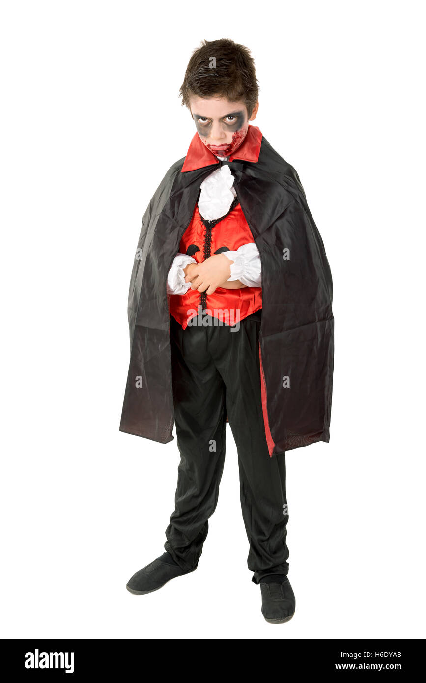 Boy with facepaint and vampire Halloween costume isolated in white