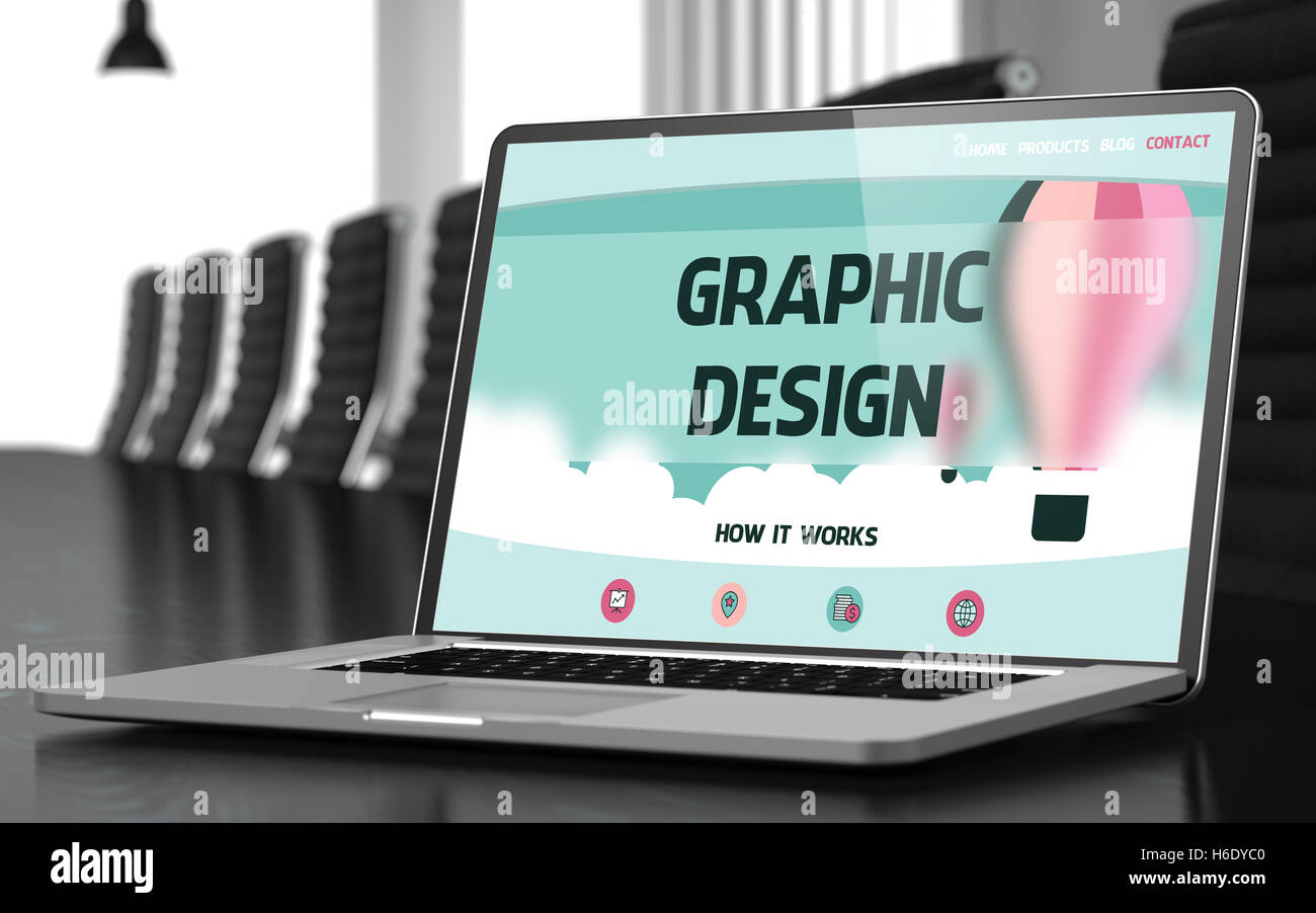 Graphic Design on Laptop in Conference Hall. 3D. Stock Photo