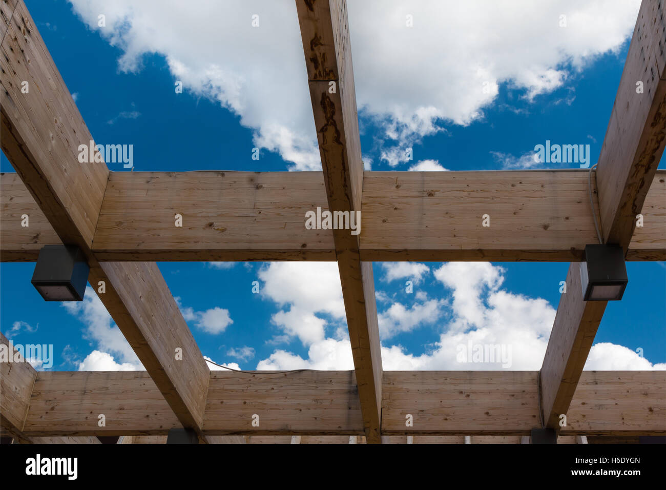 Wooden Ceiling Structure: Building with Modern Architectural Design at Universal Exposition in Milan, Italy 2015 Stock Photo