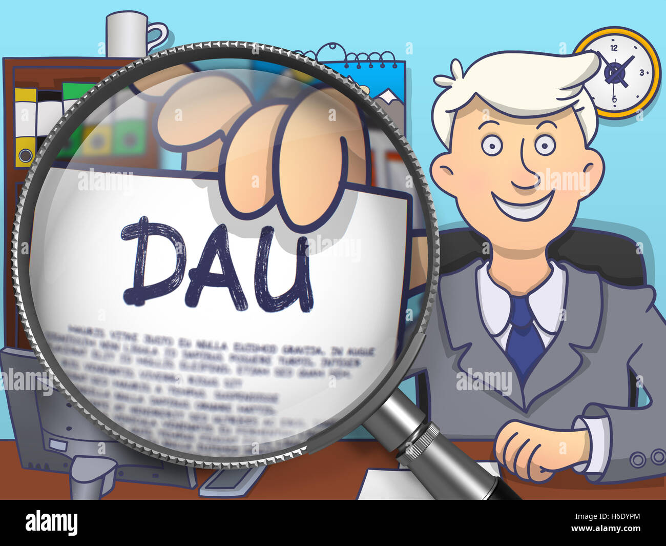 DAU through Magnifying Glass. Doodle Design. Stock Photo