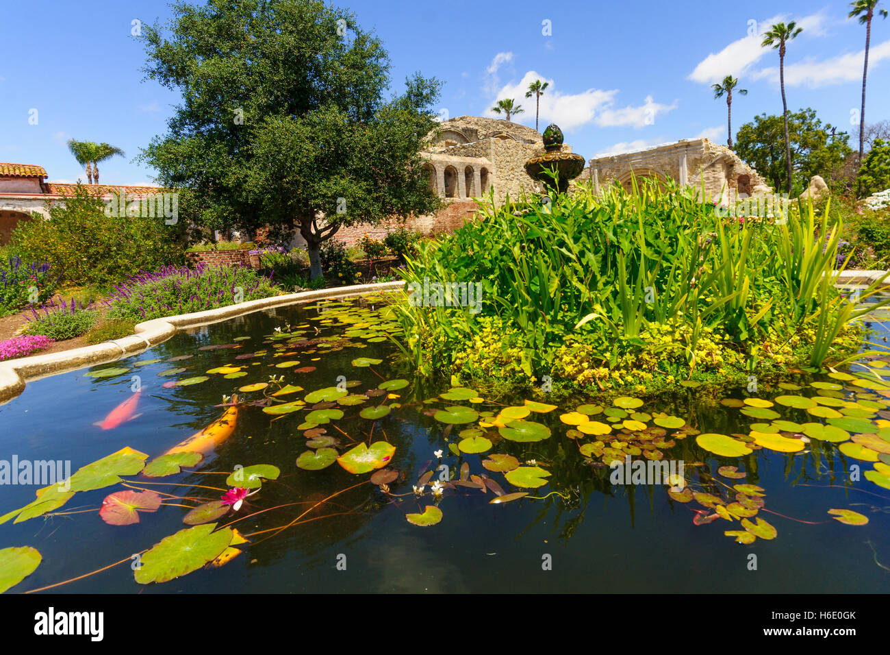 A garden in San Juan Capistrano Mission. California, USA Stock Photo