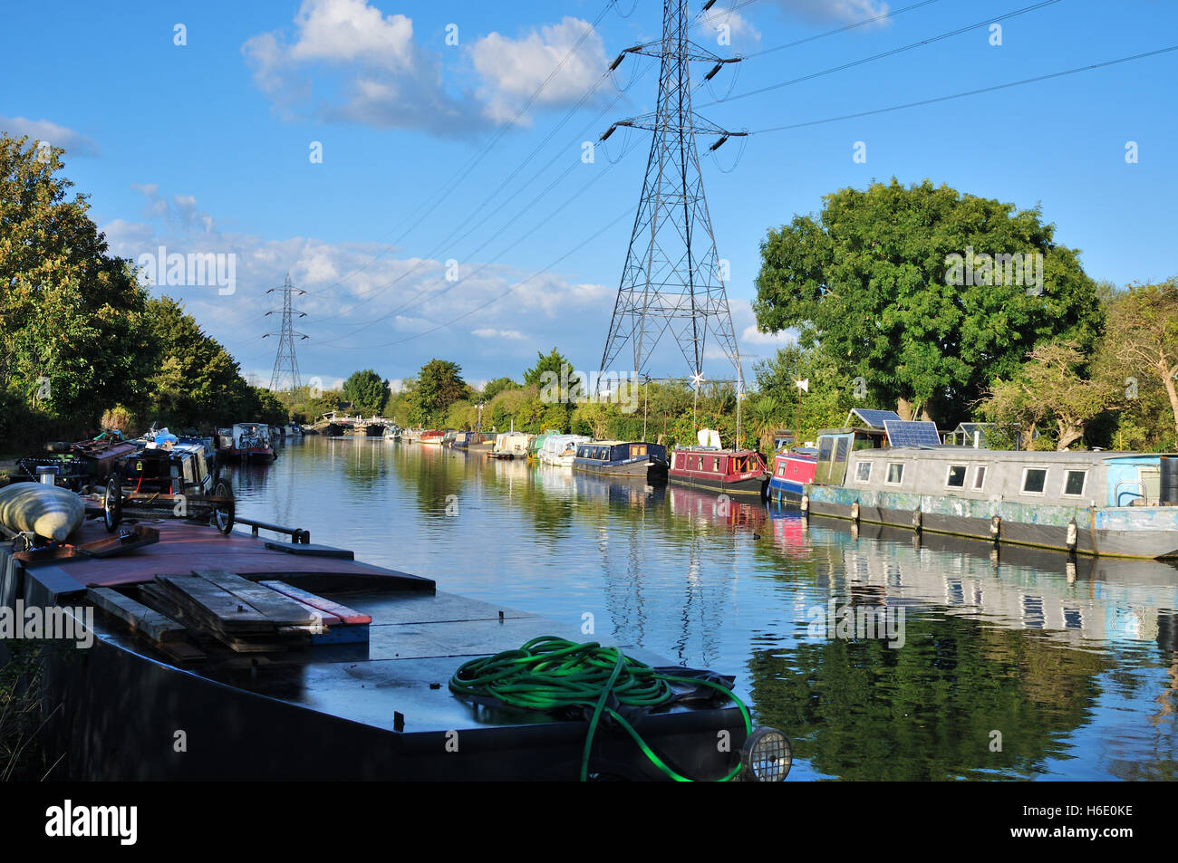 The River Lee near Tottenhan, North London UK, with narrowboats Stock Photo