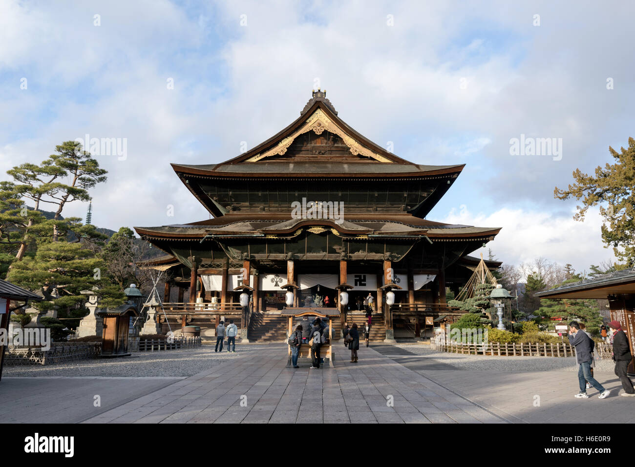 Nagano, Japan - December 27, 2015: Zenk0-ji is a Buddhist temple located in Nagano, Japan. T Stock Photo