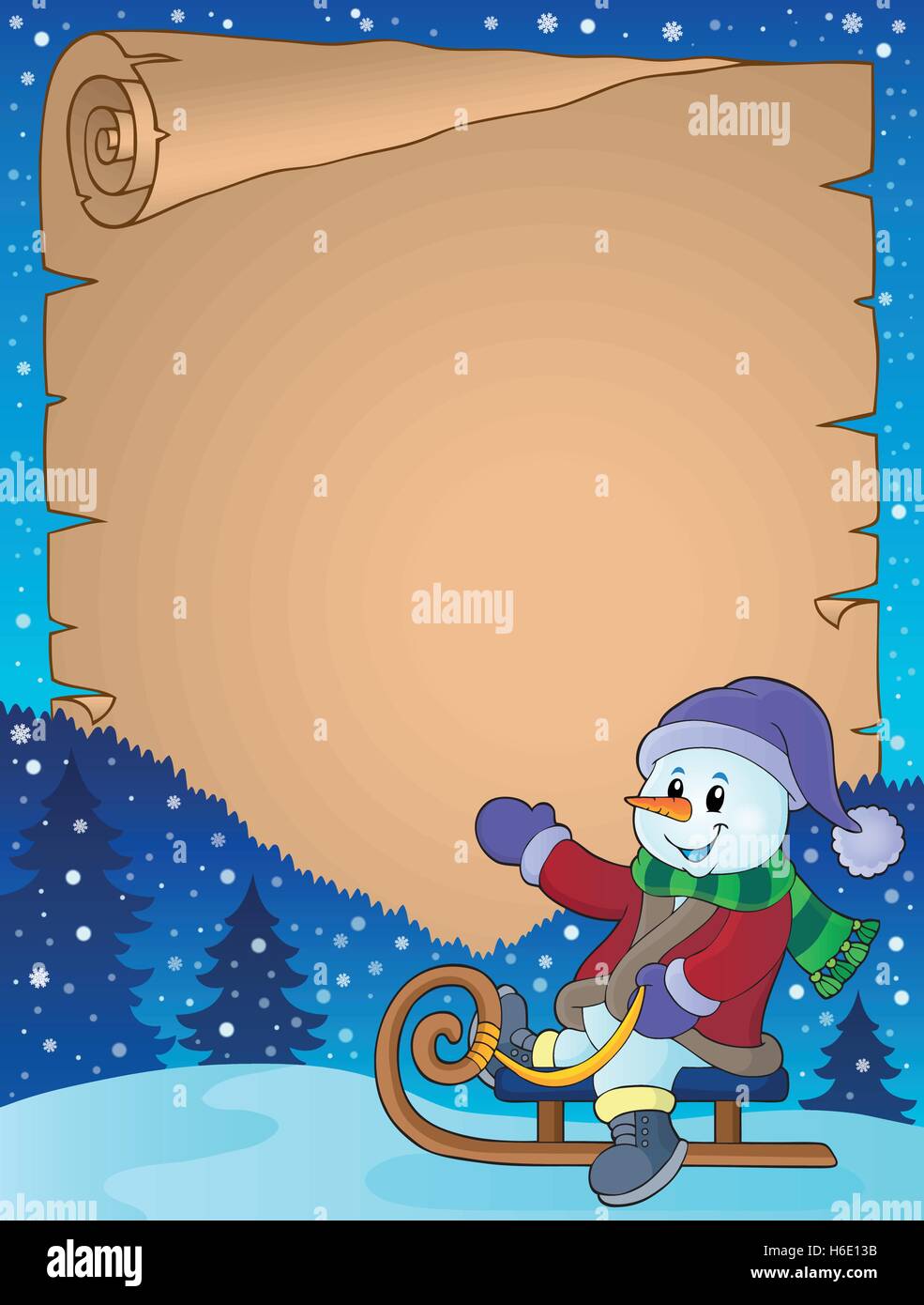 Parchment with snowman on sledge - eps10 vector illustration Stock ...