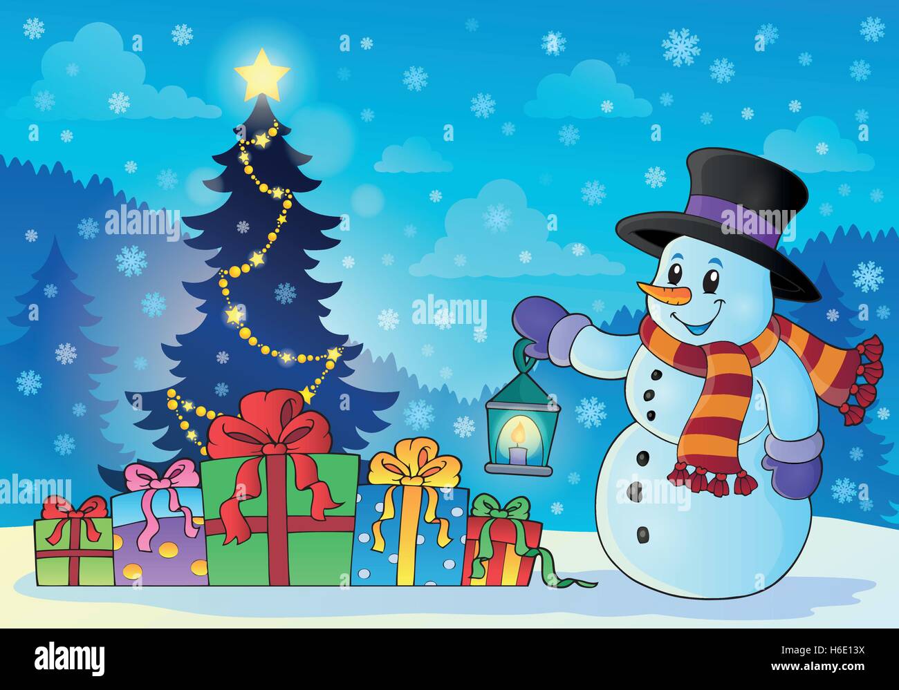 Snowman near Christmas tree theme 1 - eps10 vector illustration Stock ...