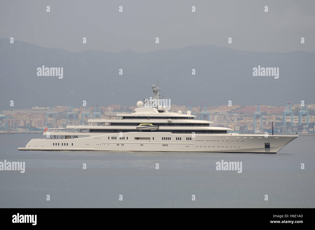 Motor yacht Eclipse moored in the bay of Gibraltar Stock Photo