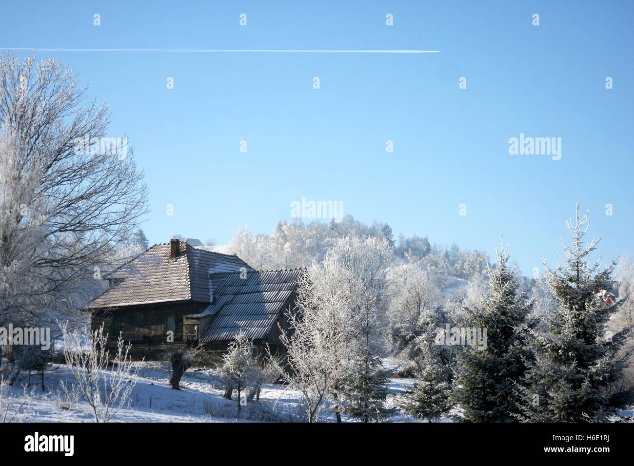Traditional wooden house in a village in Carpathian Mountains, in