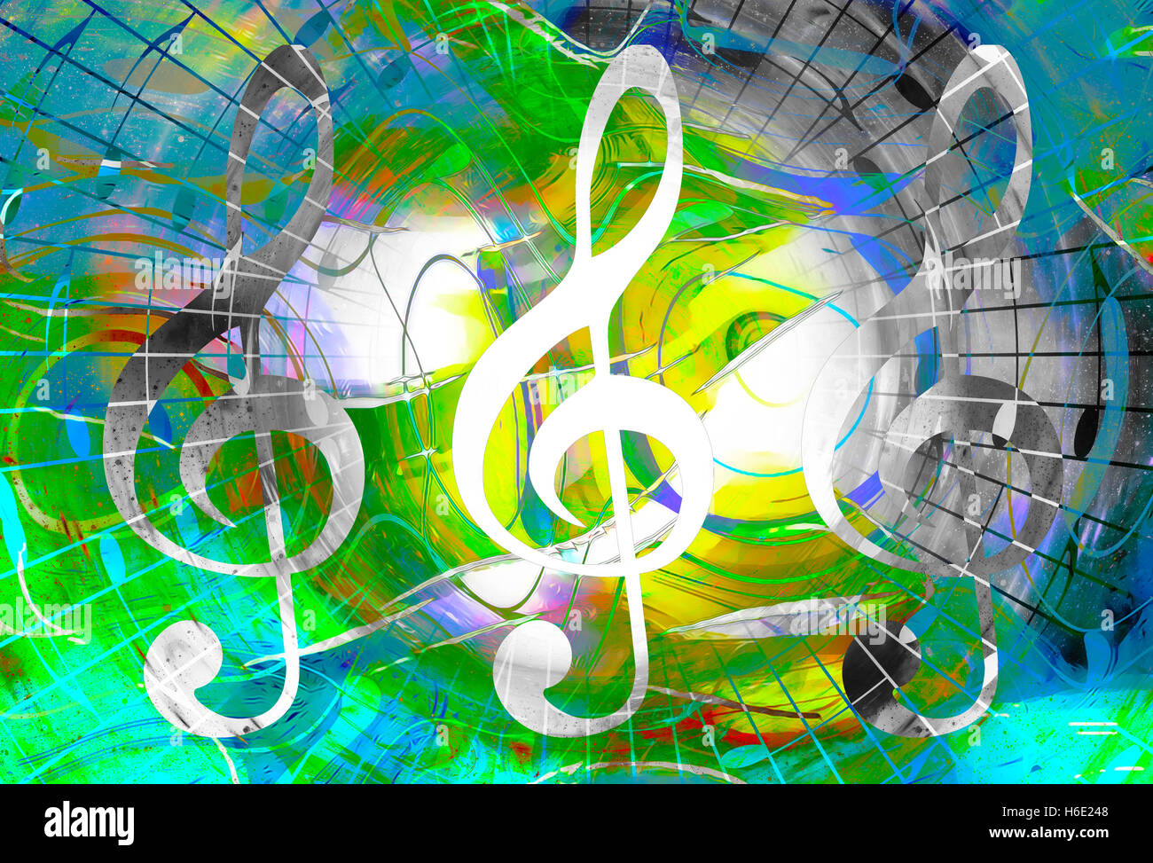 music notes and clef in space with stars. abstract color background ...