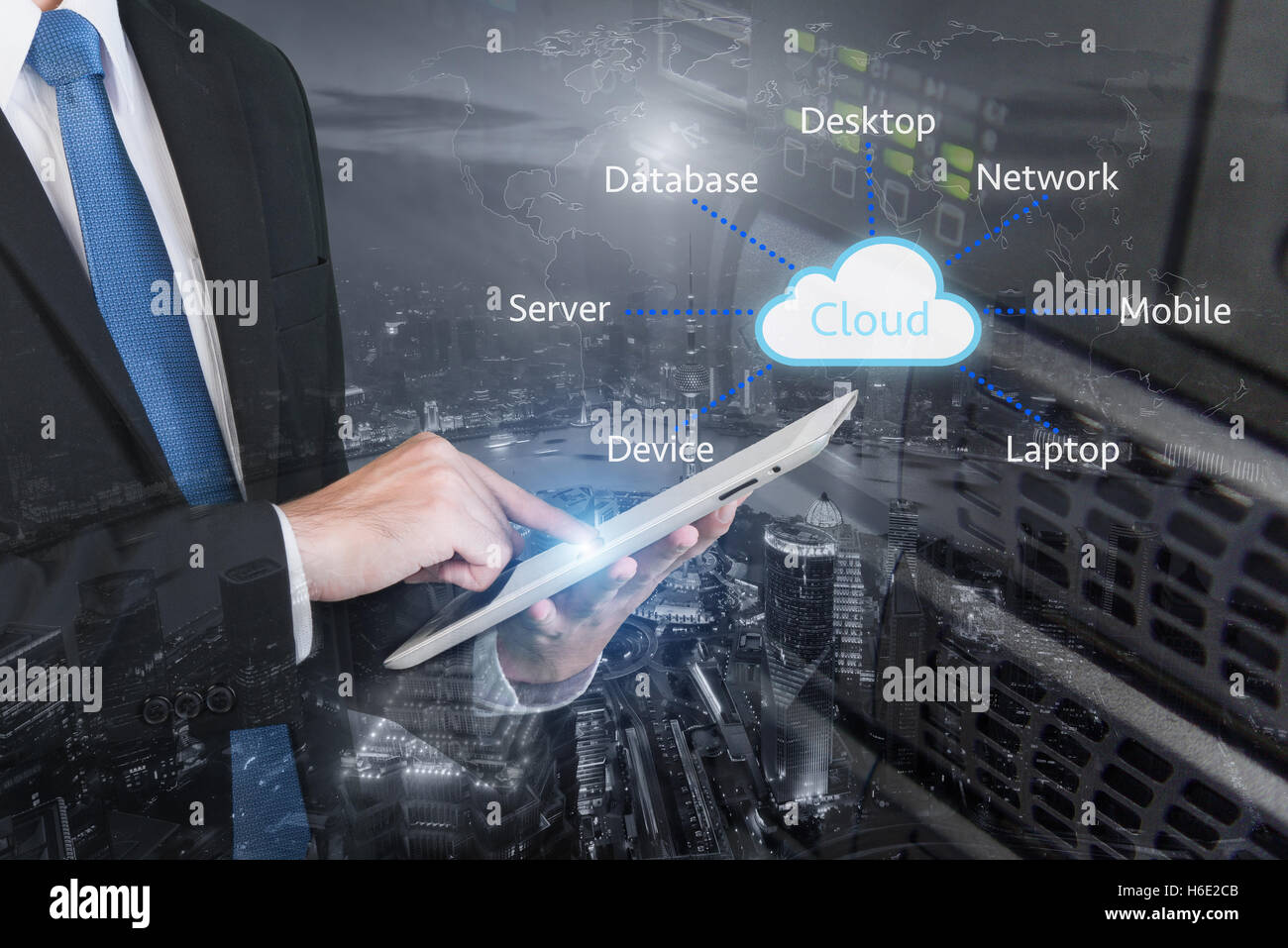 Double exposure of professional businessman connecting cloud internet smart phone with servers technology and connect world Stock Photo