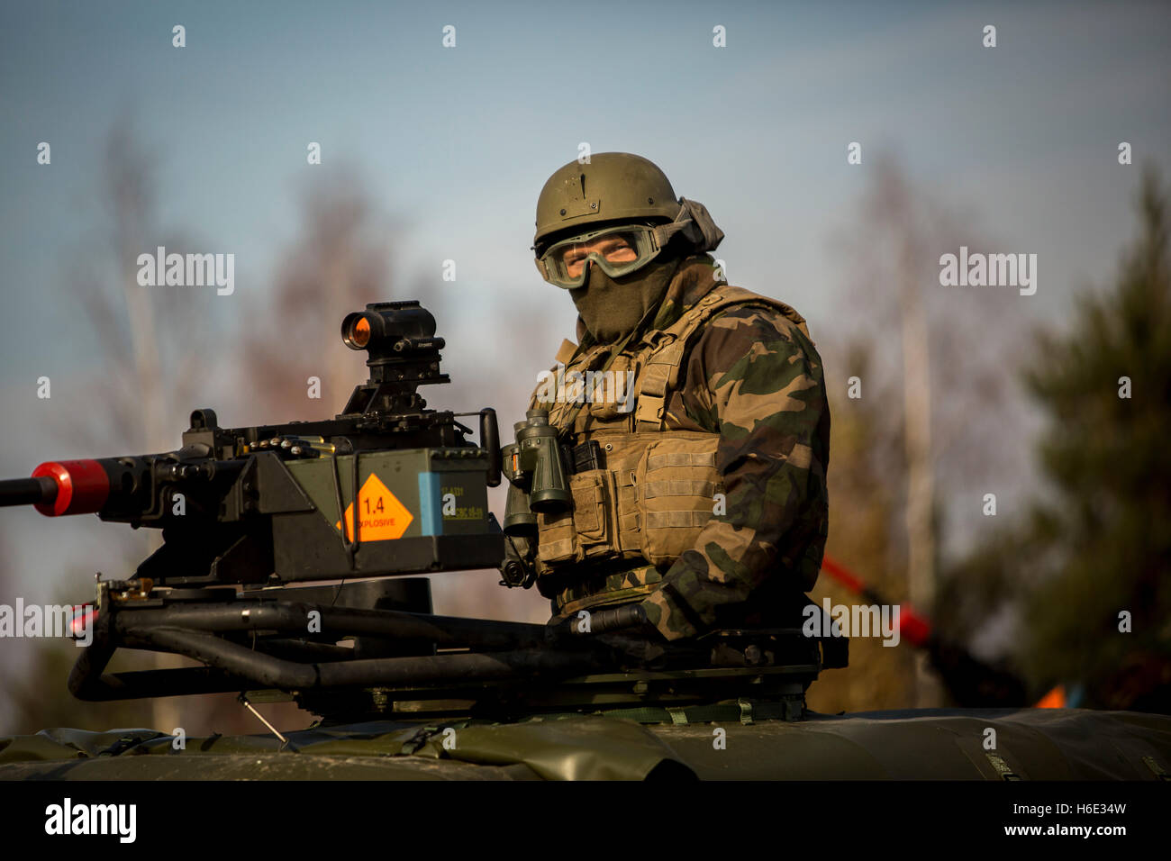 A Royal Dutch Marine soldier conducts a patrol during Exercise Silver Arrow at the Adazi Military Base October 20, 2016 in Adazi, Latvia. Stock Photo