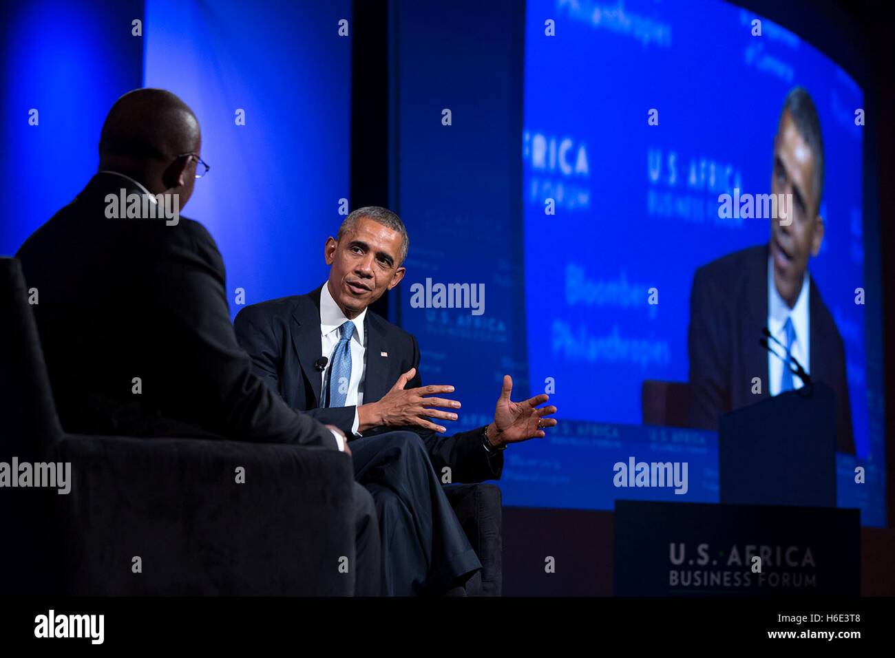U.S. President Barack Obama participates in a discussion at the U.S.-Africa Business Forum August 5, 2014 in Washington, DC. Stock Photo
