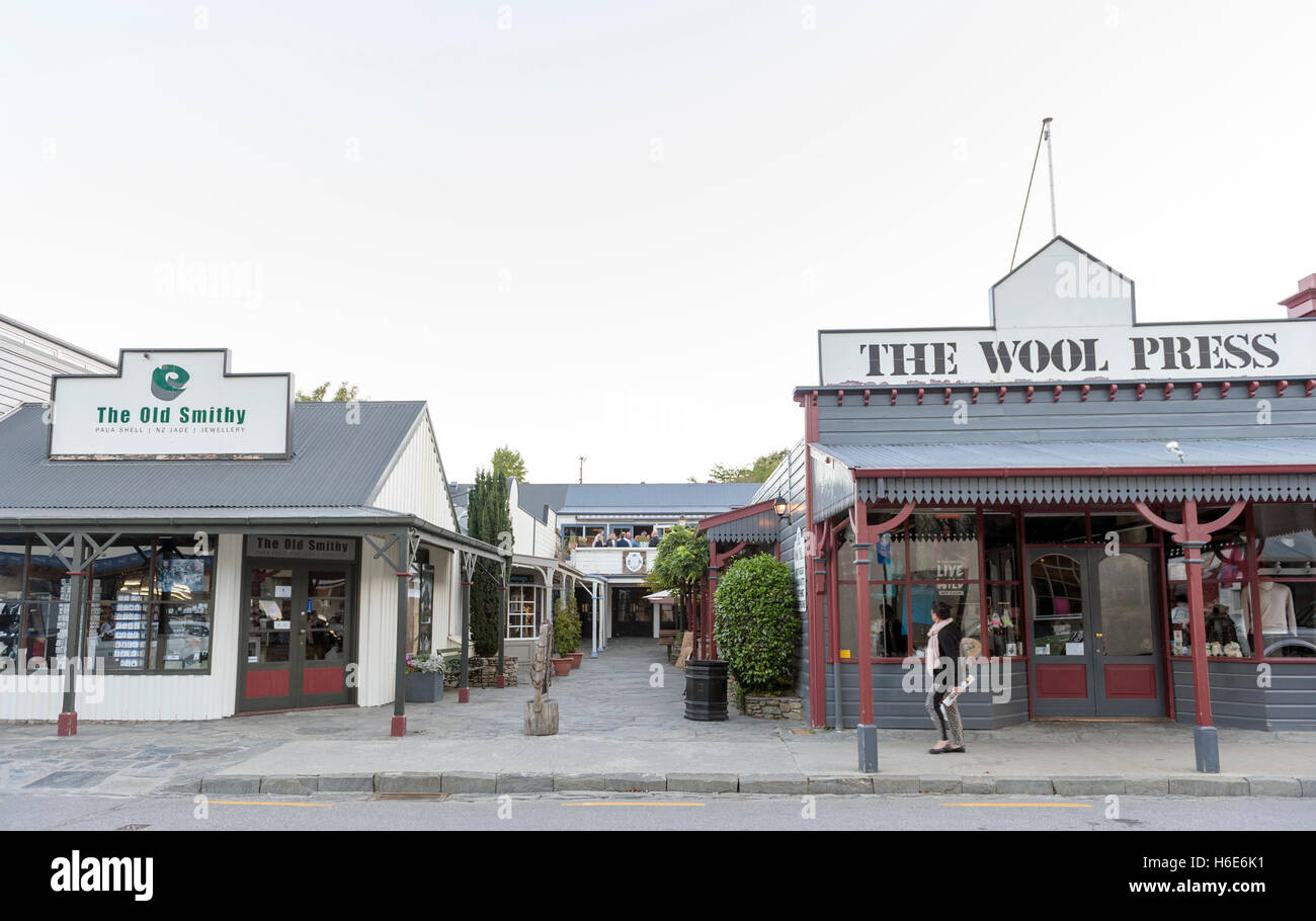 Arrowtown, New Zealand - February 2016: Old classic buildings and shops on Buckingham Street in the historic town of Arrowtown Stock Photo