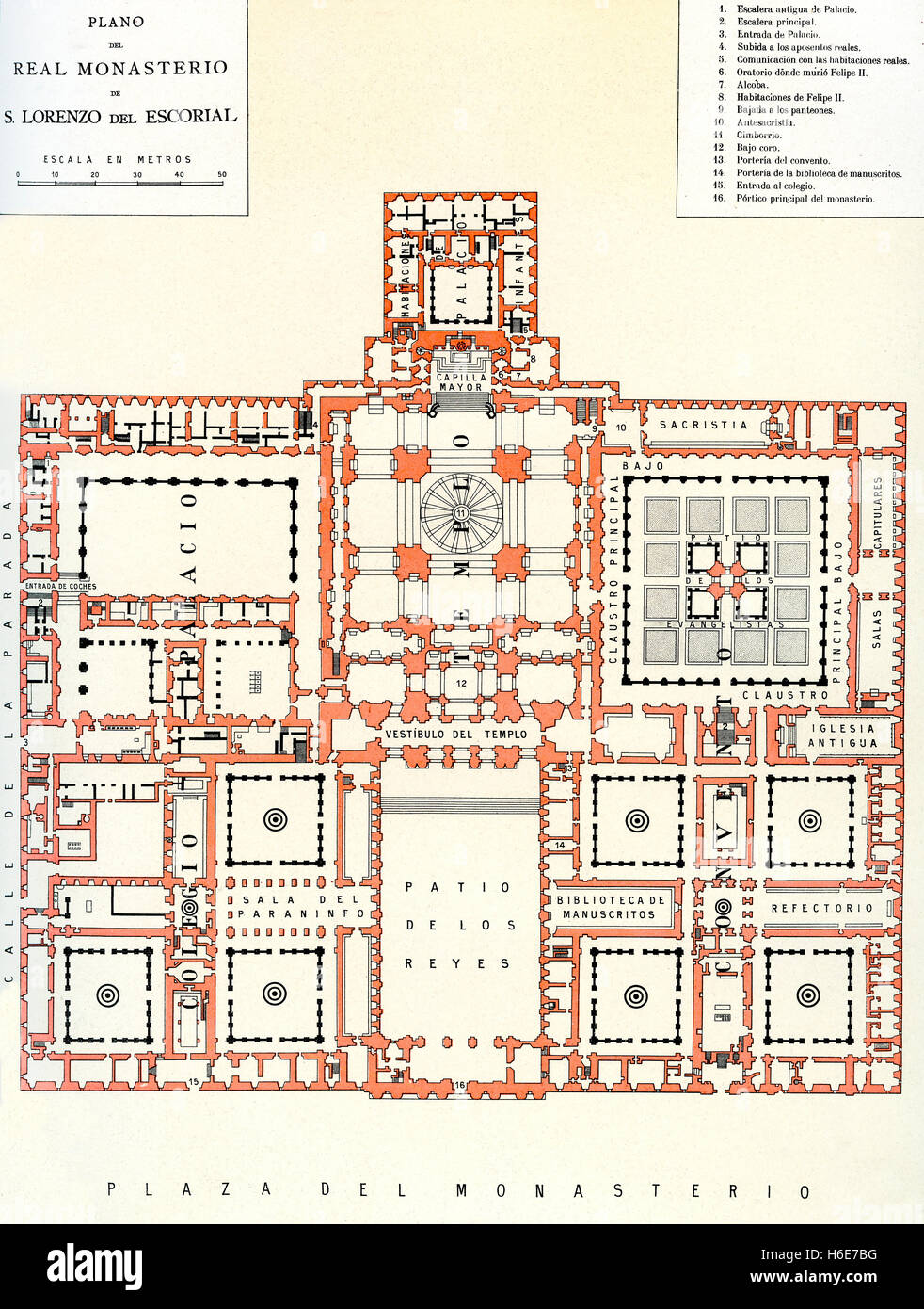 A plan of The Royal Site of San Lorenzo de El Escorial, Madrid, Spain, commonly known as El Escorial.  Monasterio de San Lorenzo de El Escorial. Stock Photo