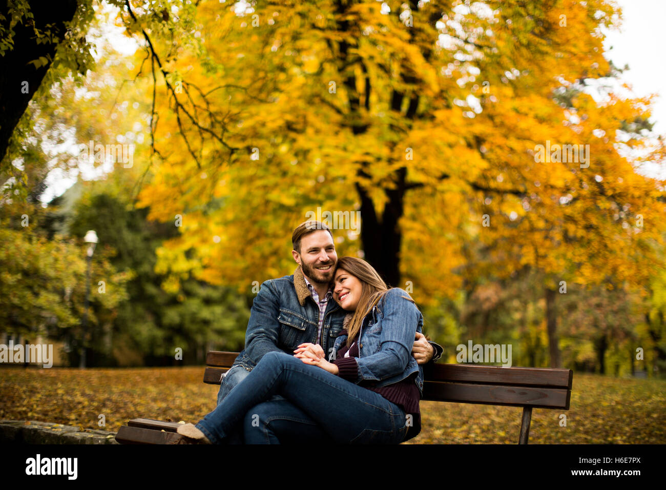 Loving and romantic couple on a bench in the autumn park Stock Photo ...