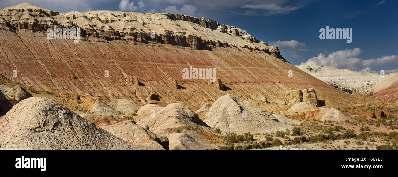 Panorama of white gypsum and red sedimentary layers at Aktau Mountain Altyn Emel National Park Kazakhstan Stock Photo