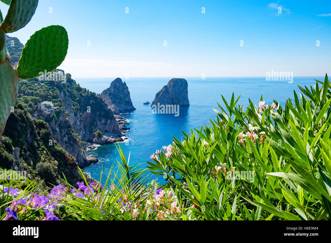 Faraglioni rocks, viewed from Augustus gardens on the island of Capri, Italy. Stock Photo