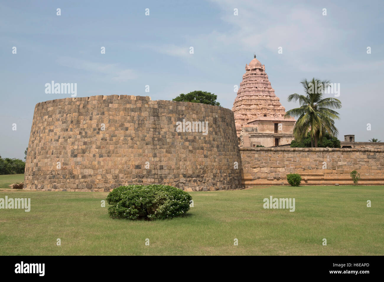 Bastion and outer wall, Brihadisvara Temple, Gangaikondacholapuram, Tamil Nadu, India. View from