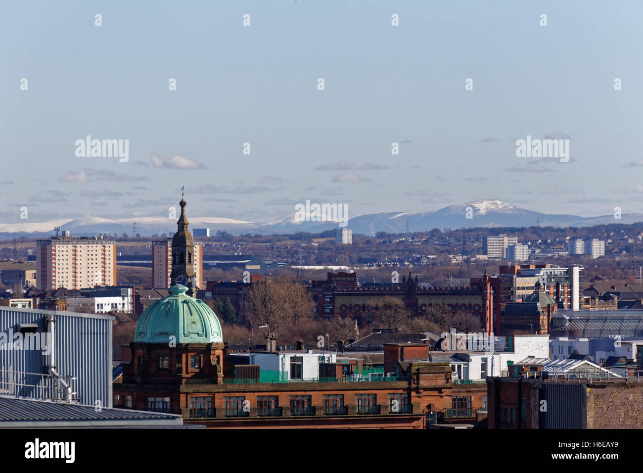 Aerial shot of Glasgow city from the west looking east  thru Glasgow Green to tinto hill Stock Photo