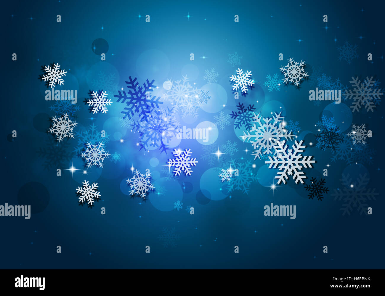 abstract winter holiday christmas blue card with snow and blurry lights Stock Photo