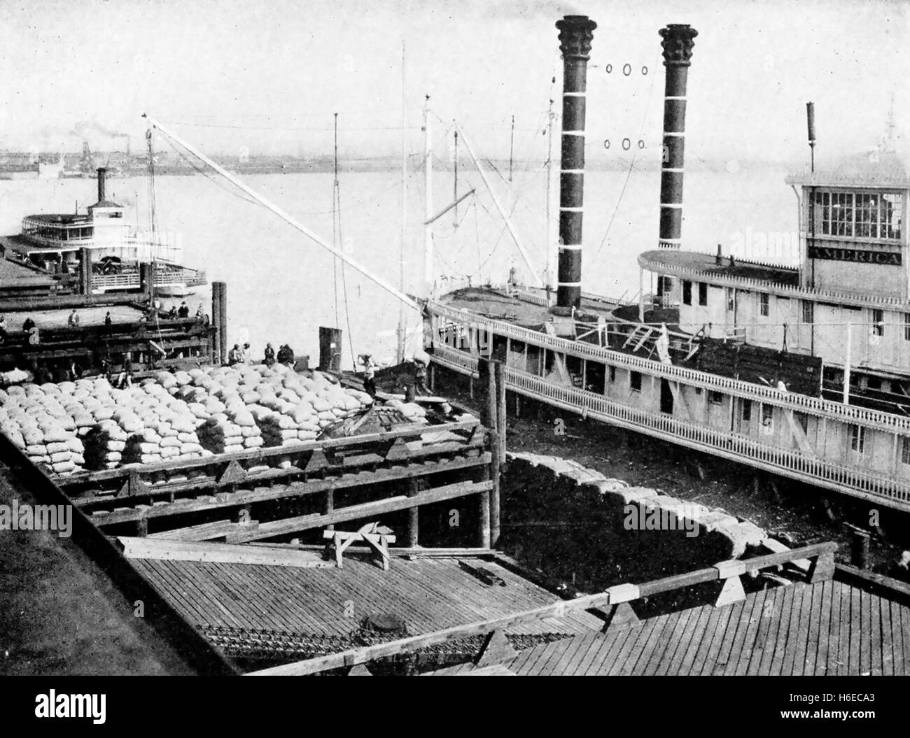 MISSISSIPPI STEAMBOAT Preparing to load bags of rice at New Orleans in ...
