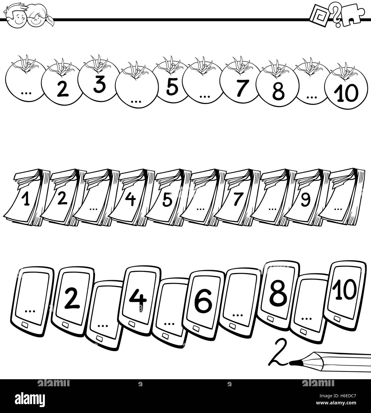 Black and White Cartoon Illustration of Educational Mathematical Activity for Children with Count to Ten Lesson Coloring Book Stock Vector