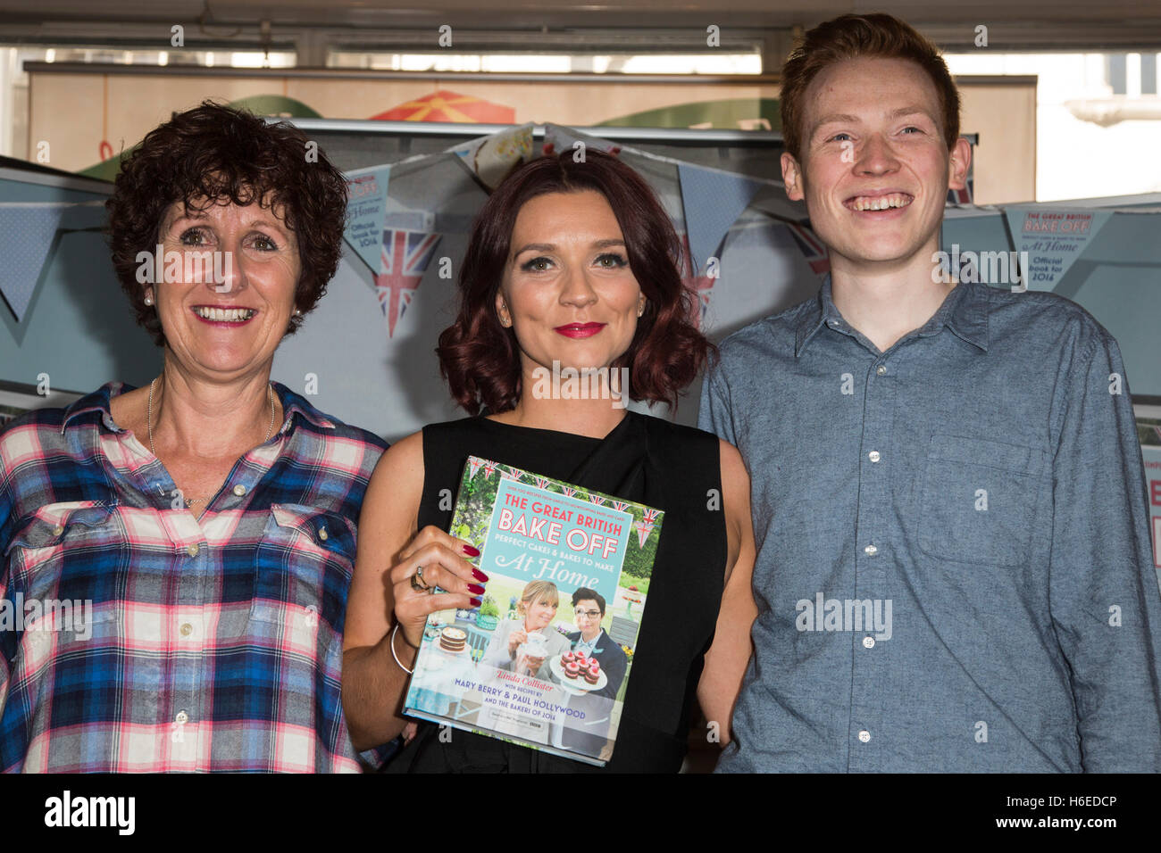 London, UK. 27 October 2016. L-R: Jane Beedle, Candice Brown and Andrew Smyth. The Great British Bake Off finalists Jane Beedle, Candice Brown and Andrew Smyth attend a book-signing of the TV tie-in recipe book at Waterstones in Piccadilly. The 2016 series was won by Candice Brown with Jane Beedle and Andrew Smyth being the runners-up. Stock Photo
