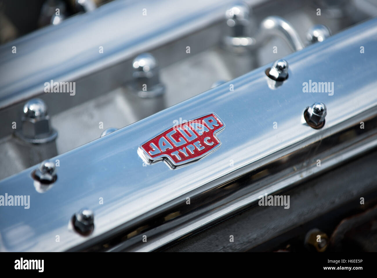 The alloy rocker cover of the iconic British C-Type Jaguar sports car Stock Photo