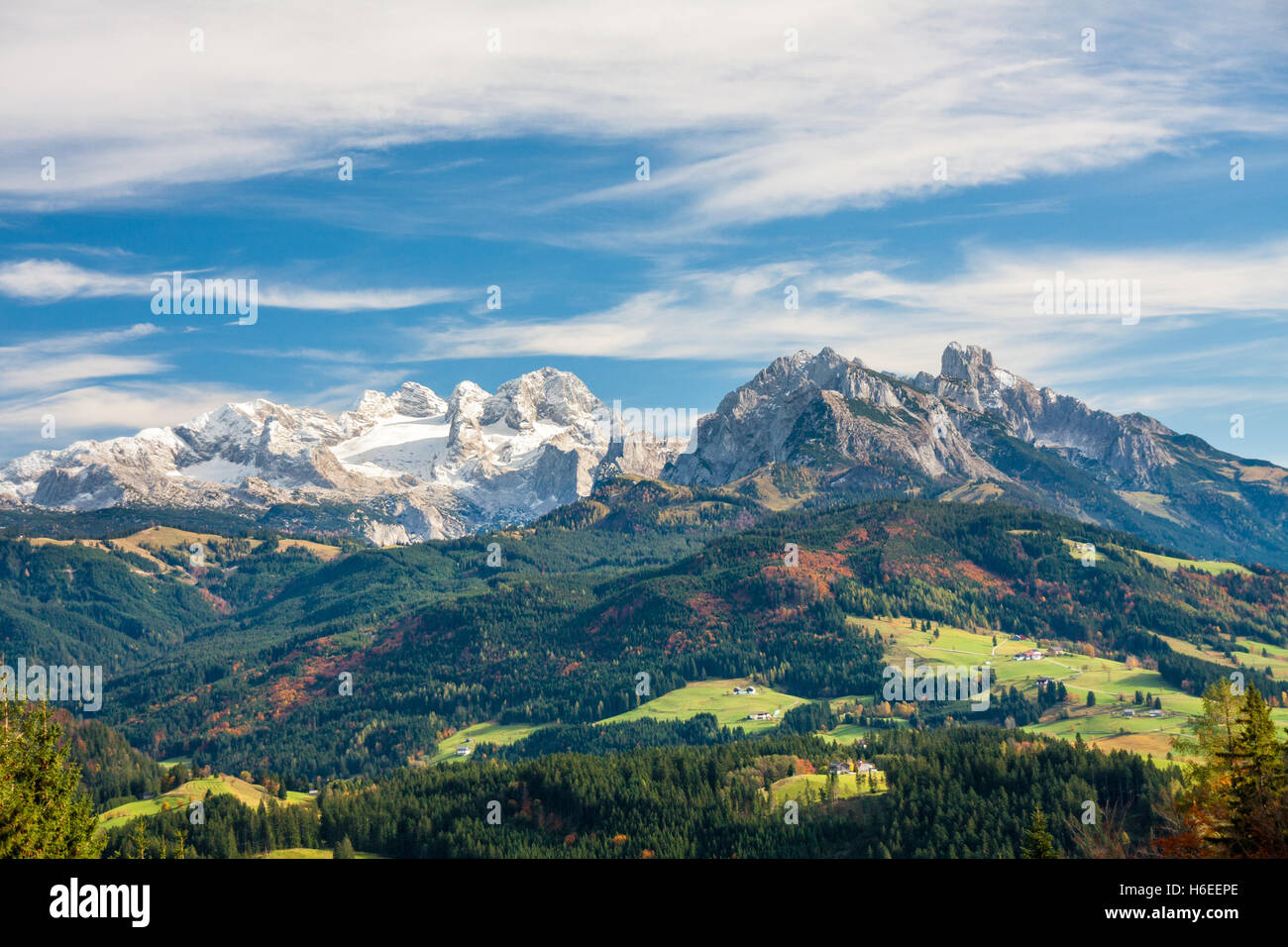 View towards Dachstein mountain range with its glaciers and the Gosaukamm. Stock Photo