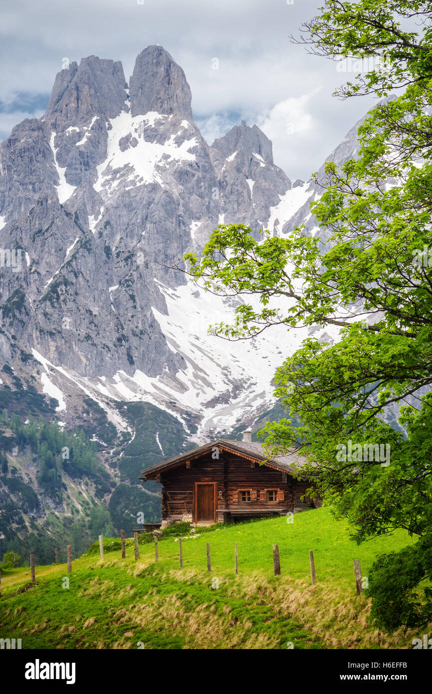 Log cabin on high pasture in front of the remarkable mountain of the Bischofsmütze. Stock Photo