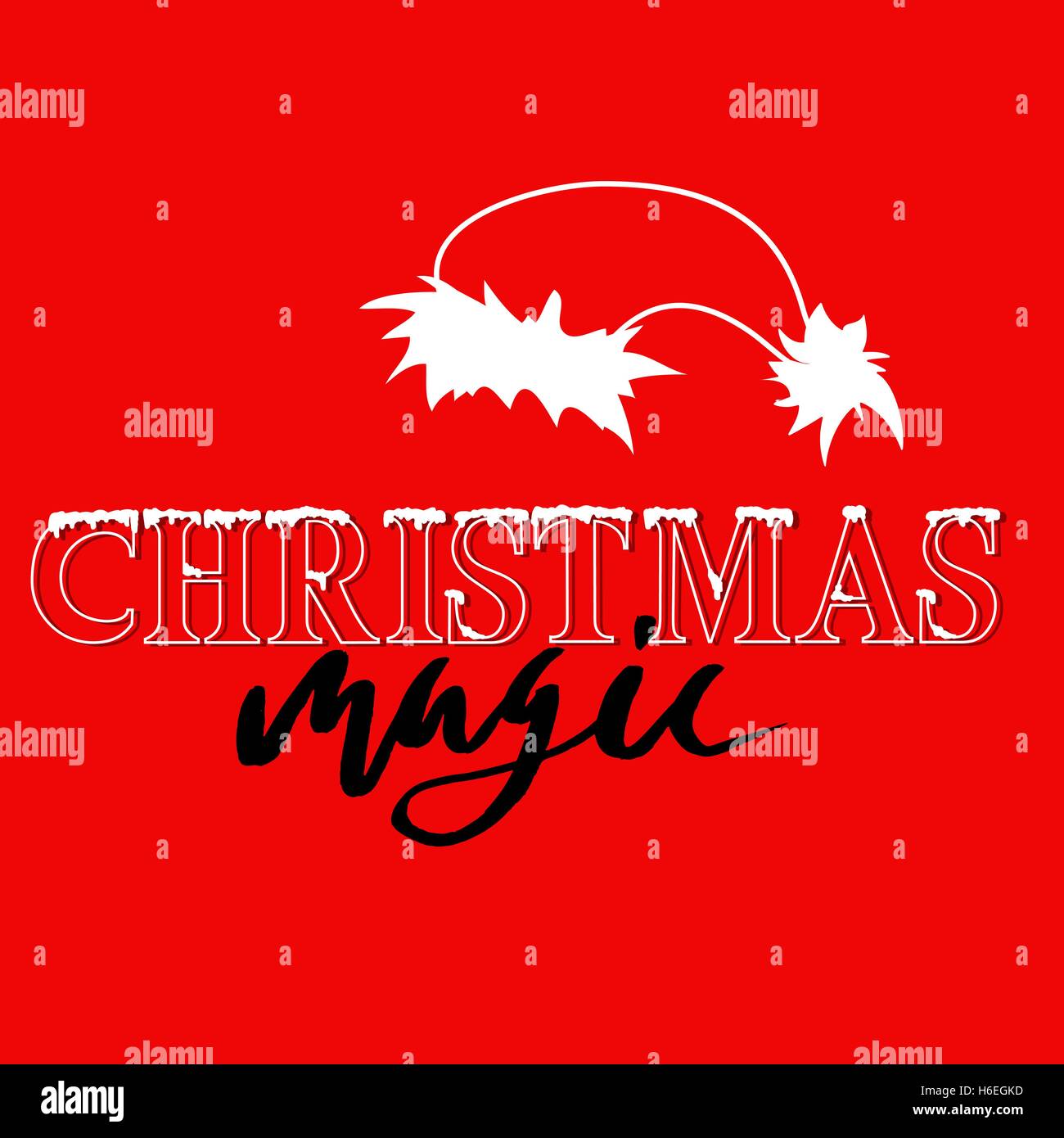 White and black hand drawn grunge lettering and christmas style font on red background. Silhouette of Santa Claus hat Stock Vector